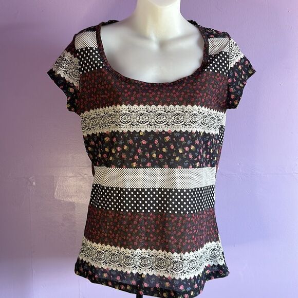 Copper Key Women's Black Floral Short Sleeve Blouse Size Medium M - Picture 1 of 3